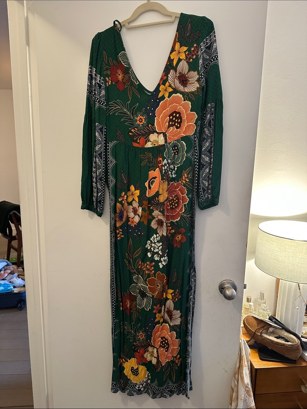 FARM Rio Green Floral Deep-V Maxi Dress with Orange & Yellow Blooms